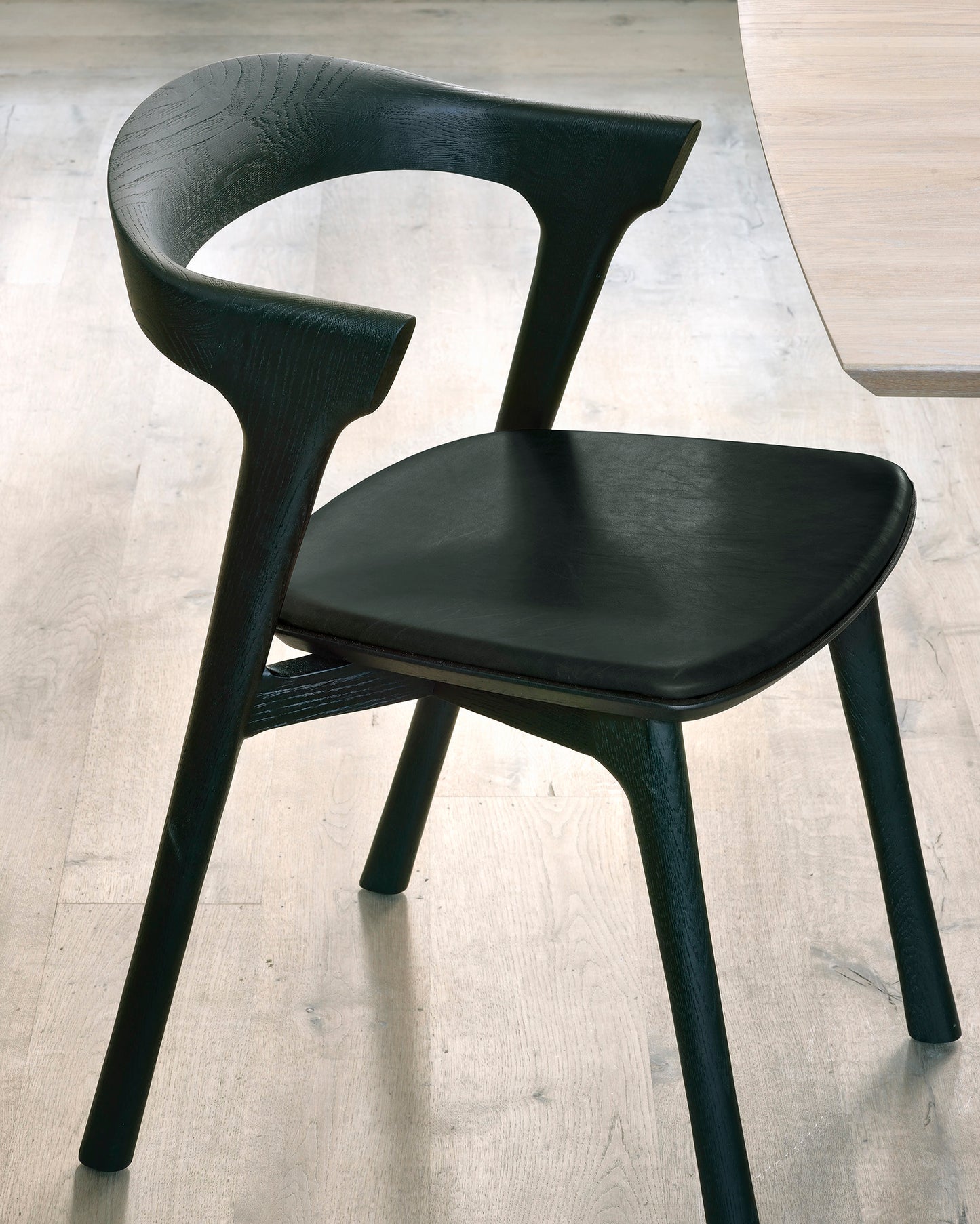 Ethnicraft Oak Bok Black Leather Dining Chair is available from Make Your House A Home, Bendigo, Victoria, Australia