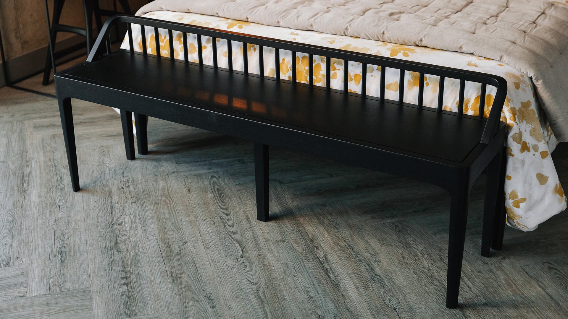 Ethnicraft Spindle Bench Seat in Black Oak is available from Make Your House A Home, Bendigo, Victoria, Australia