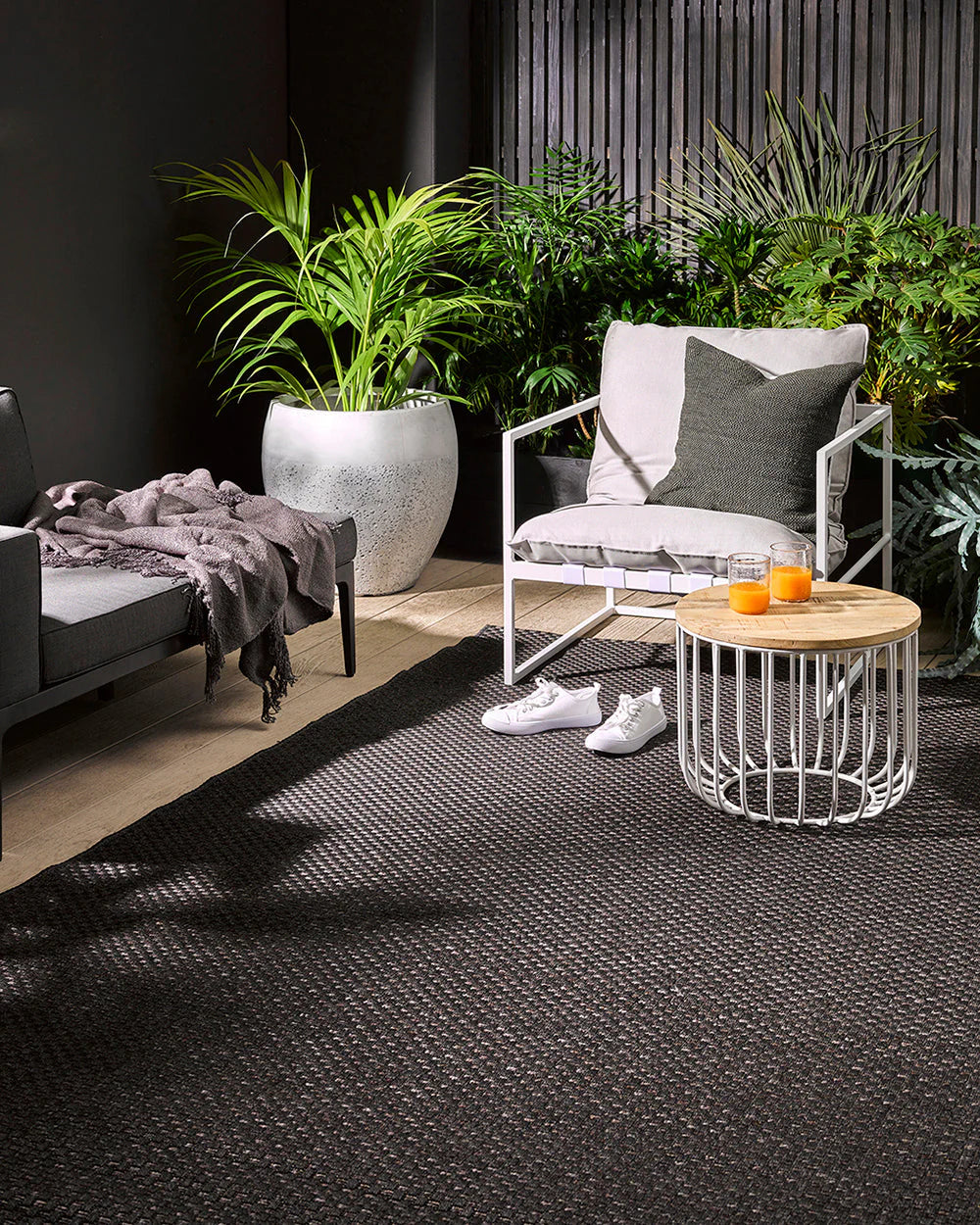 Flax Charcoal Outdoor Floor Rug from Baya Furtex Stockist Make Your House A Home, Furniture Store Bendigo. Free Australia Wide Delivery.