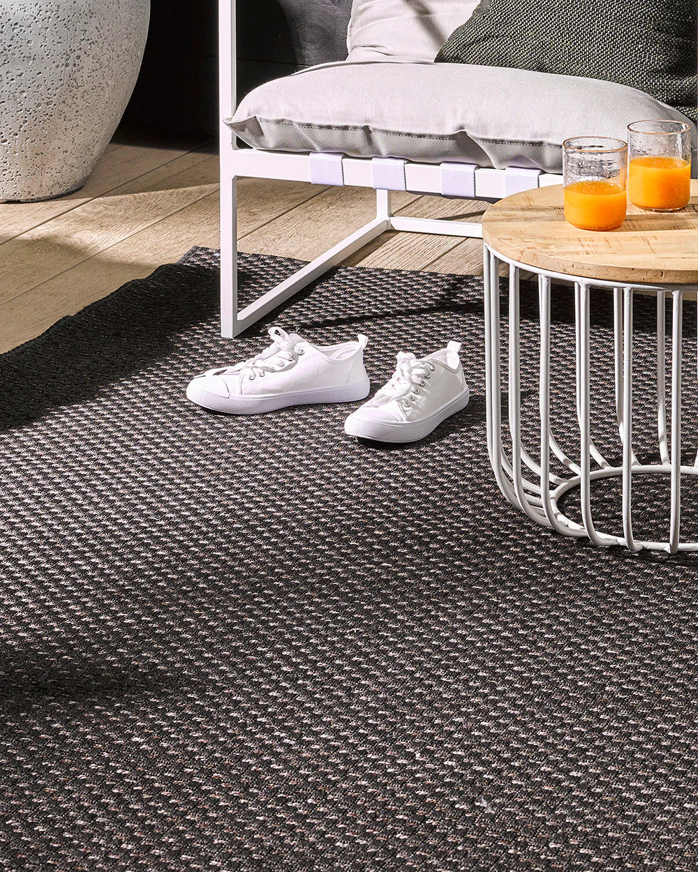 Flax Charcoal Outdoor Floor Rug from Baya Furtex Stockist Make Your House A Home, Furniture Store Bendigo. Free Australia Wide Delivery.