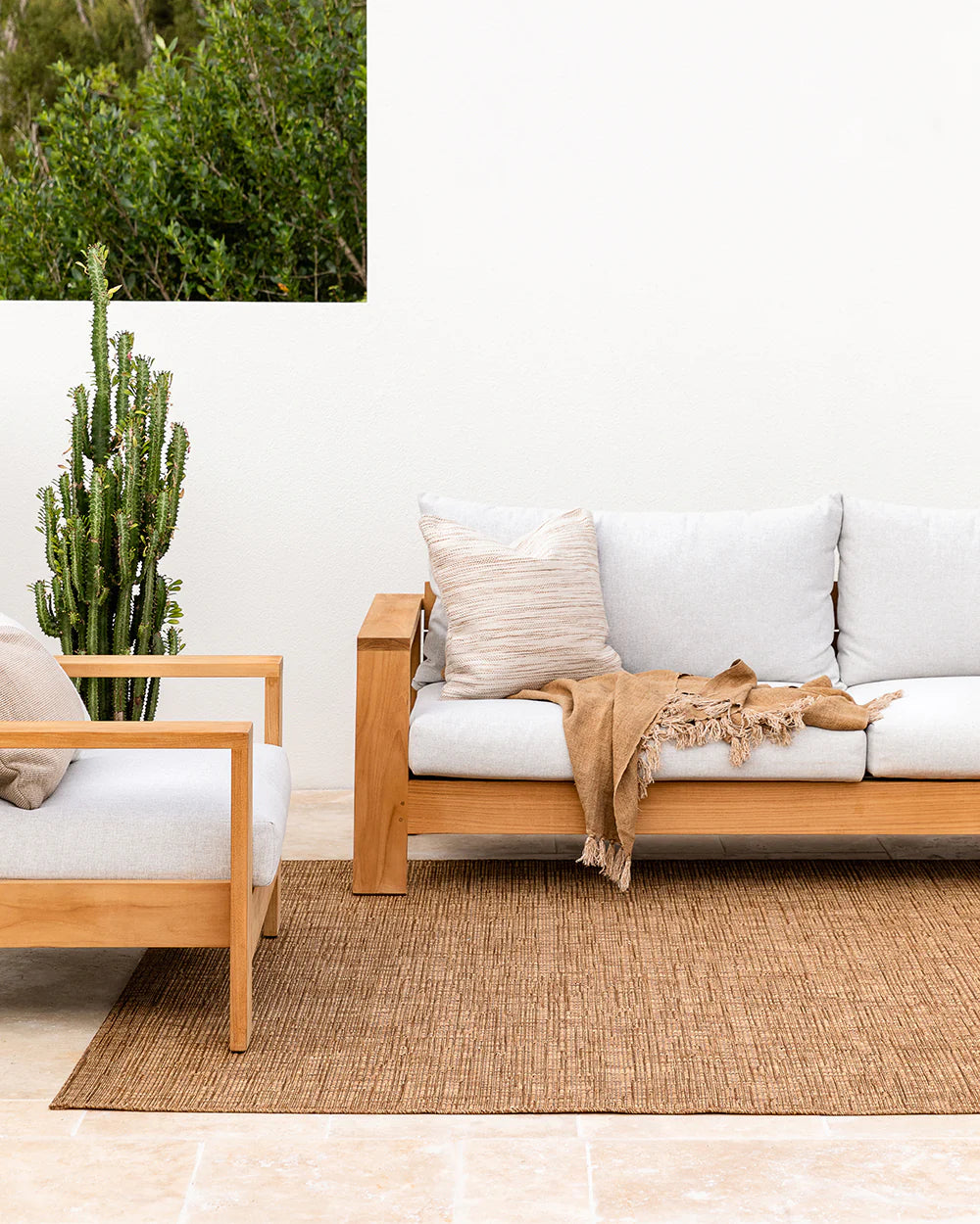 Noumea Teak Outdoor PET Rug from Baya Furtex Stockist Make Your House A Home, Furniture Store Bendigo. Free Australia Wide Delivery.