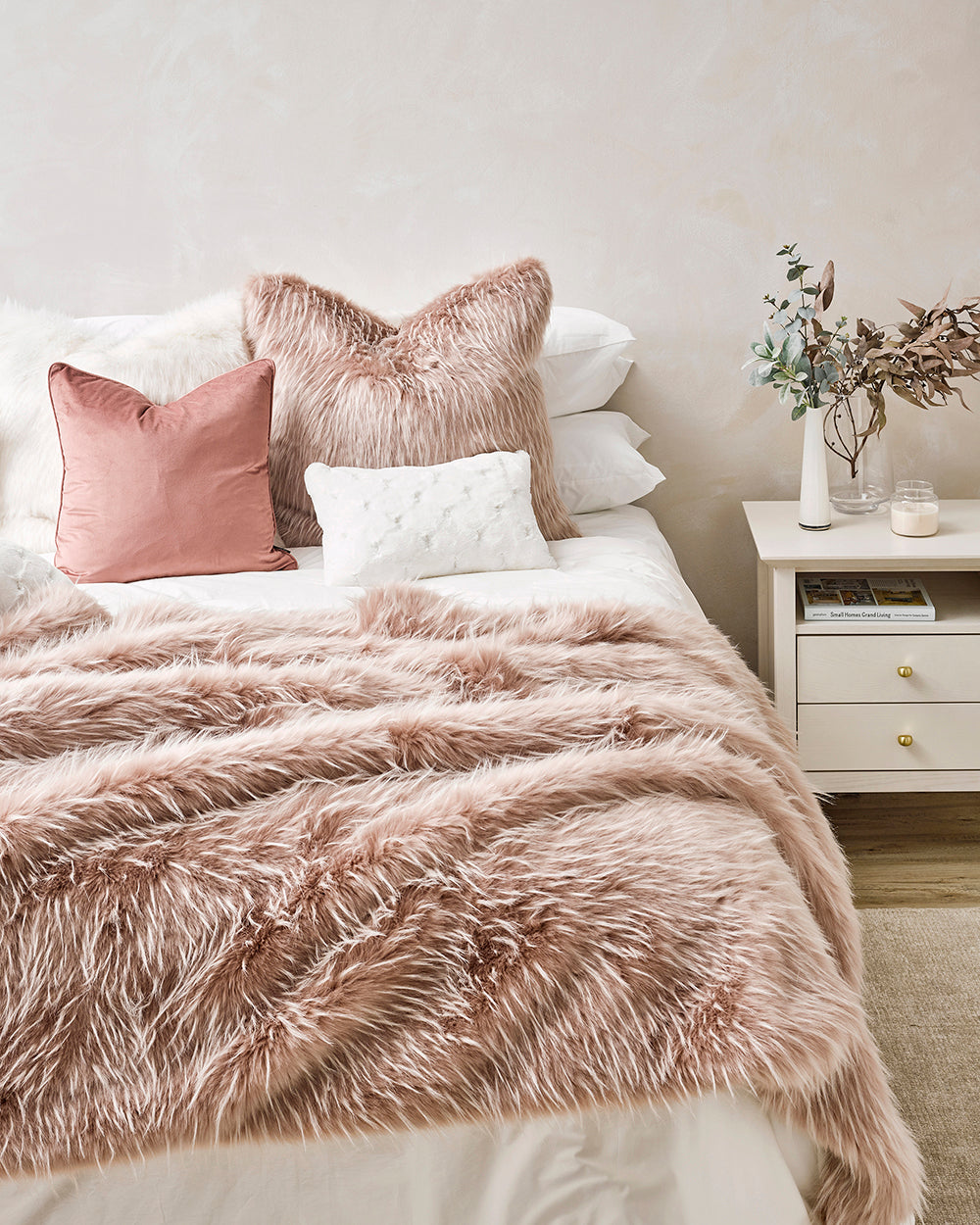 Heirloom Peony Plume Cushions in Faux Fur are available from Make Your House A Home Premium Stockist. Furniture Store Bendigo, Victoria. Australia Wide Delivery. Furtex Baya.