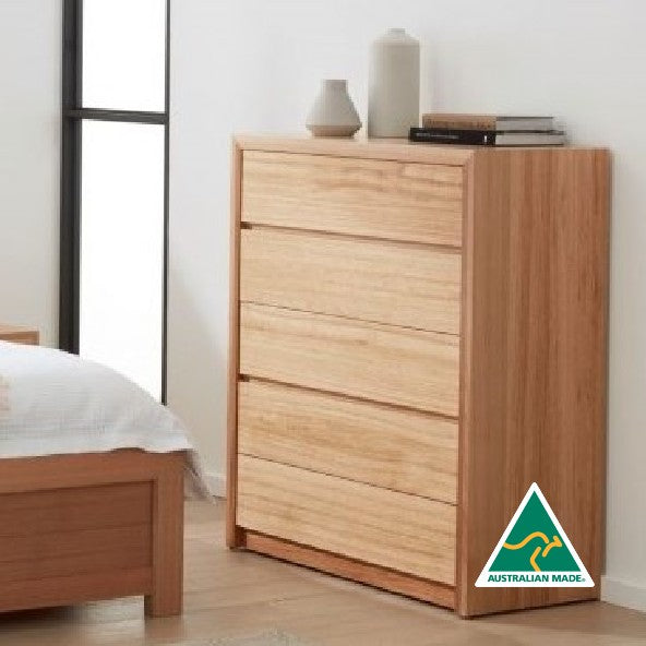 Sorrento Bedroom Tallboy Dresser in solid Tasmanian Oak available at Make Your House A Home. Furniture Store Bendigo. Astra Australian Made Timber Furniture.